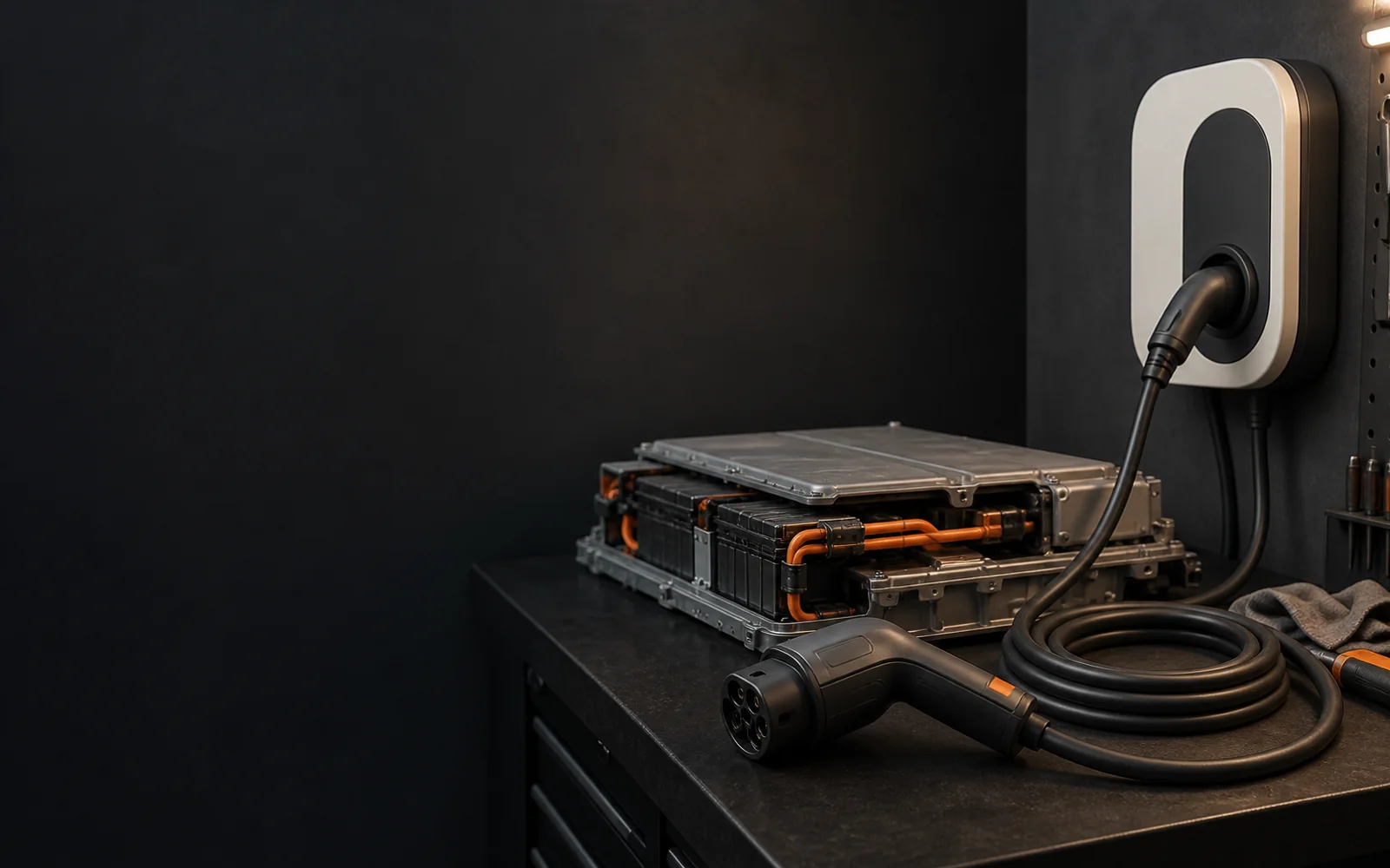 Ladestik, ladeboks og batterimodul som illustration af elbil og opladning