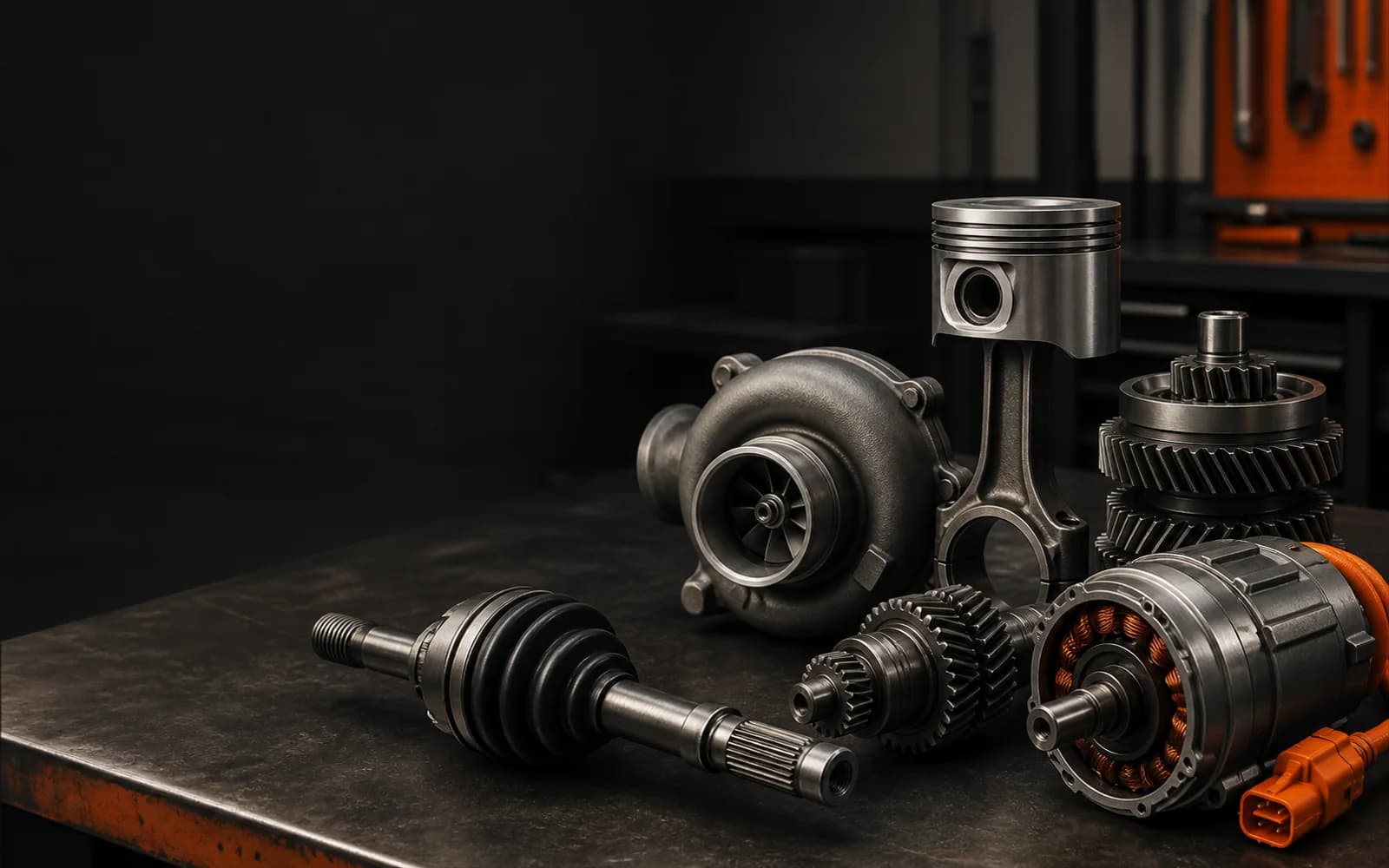 Motor- og drivlinjekomponenter med stempel, turbo, gear og elmotor