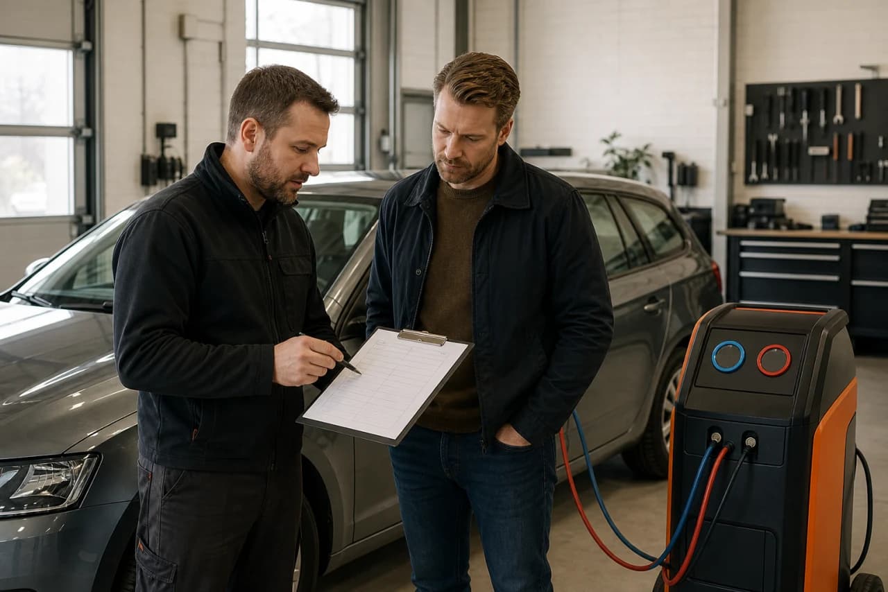Certificeret autotekniker gennemgår måleresultater fra airconditionservice sammen med bilejeren
