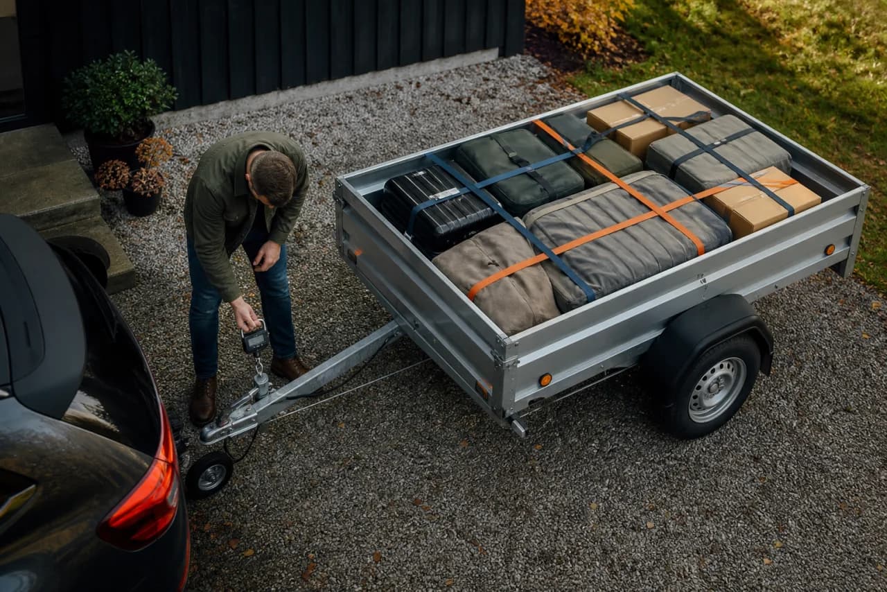 En trailer bliver pakket og kugletrykket målt sikkert på plant underlag før en længere tur