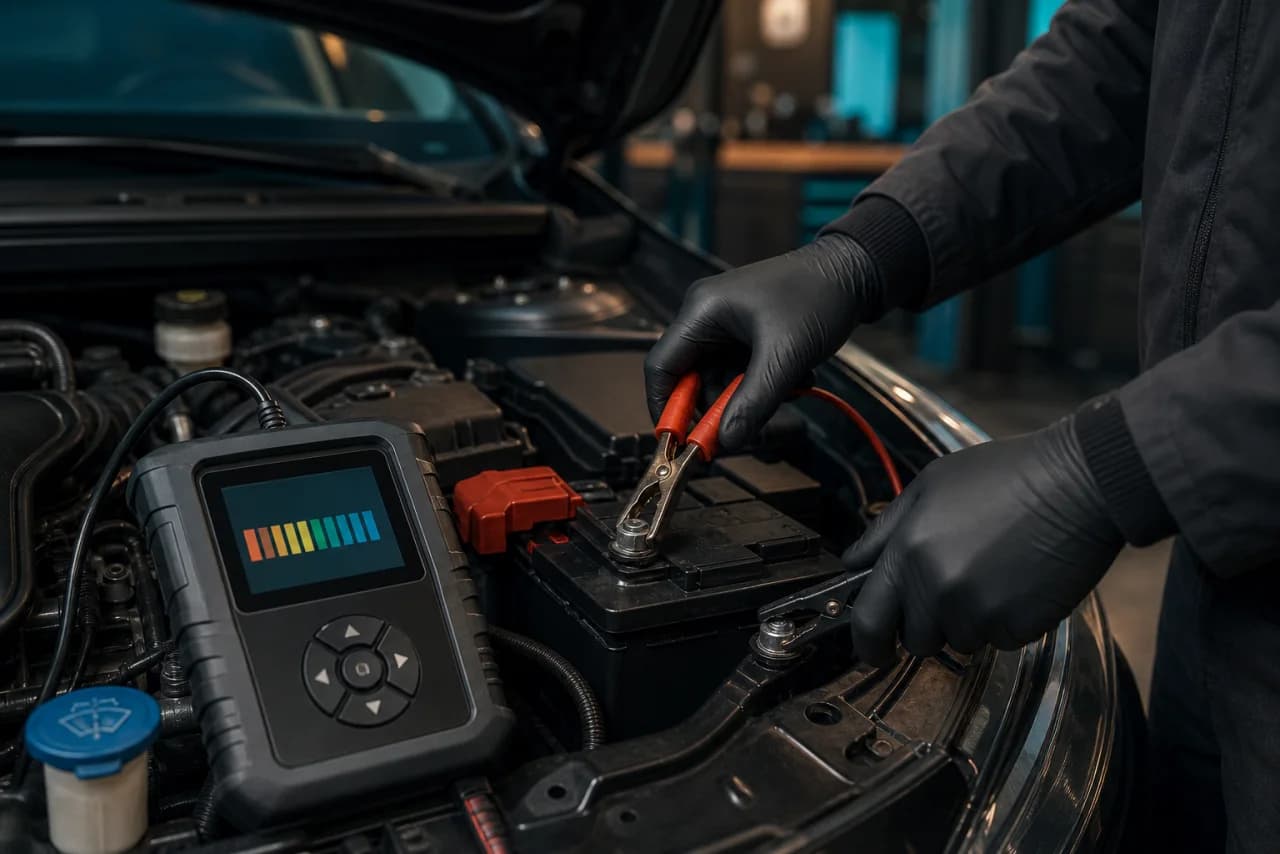 Batteritest viser hvilespænding, belastning og temperatur mens bilens startproblem dokumenteres systematisk