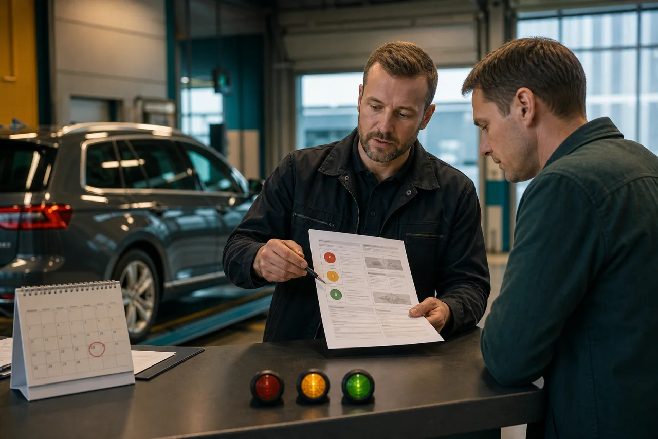Synsrapport bliver gennemgået punkt for punkt med værkstedsfaktura og planlagt omsyn ved siden af bilen