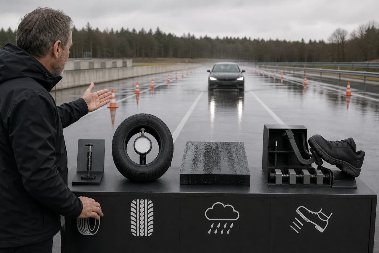 Bil med ABS bremser på våd testbane mens dæk og vejgreb vises i nærbillede
