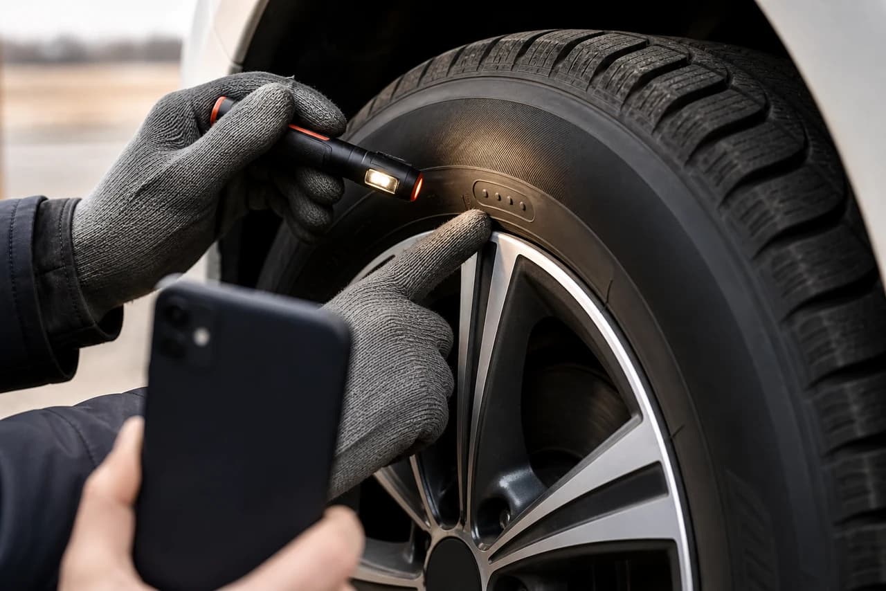Firecifret datokode på dæksiden aflæses som produktionsuge og år uden at bilen løftes usikkert