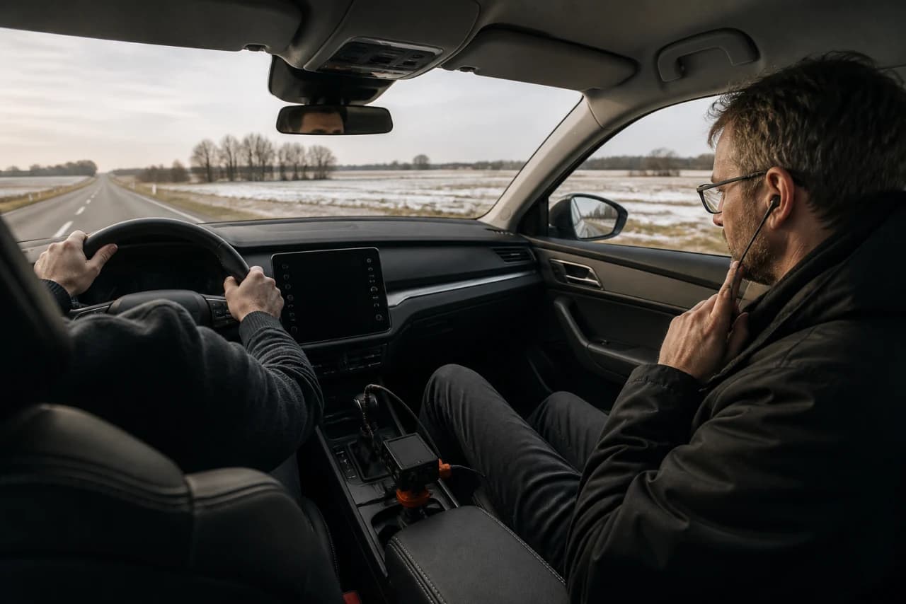 Bilist og autotekniker lytter efter fartafhængig rumlen på en sikker prøvekørsel med hjullejemistanke