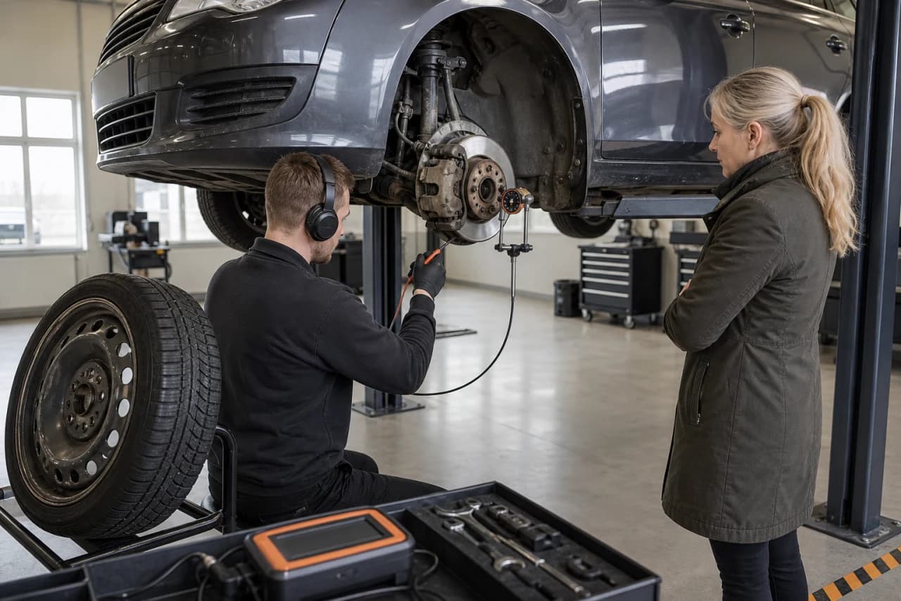 Autotekniker kontrollerer hjulnav og hjulleje på professionel lift med måleur og lytteudstyr