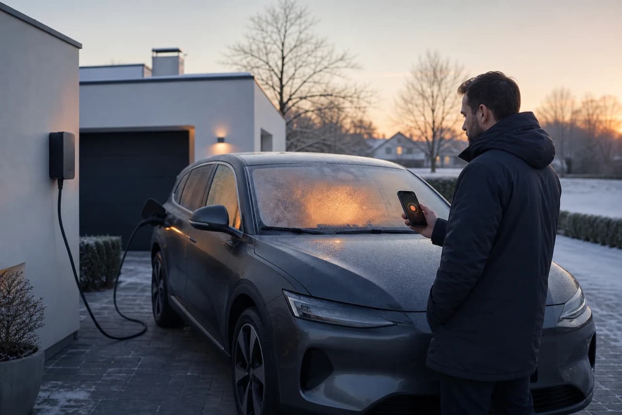 Elbil forvarmes ved ladeboks før en kold morgenafgang mens ruderne bliver klare