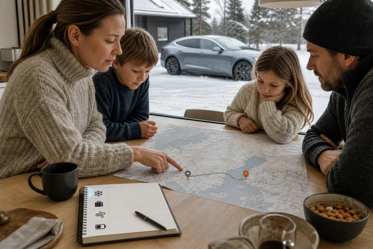 Familie planlægger vinterrute på skærm med primært og alternativt ladestop markeret