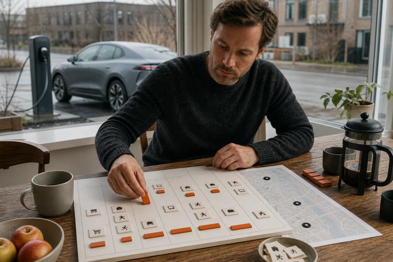 Ugeplan med arbejdsparkering, indkøb og beregnet energibehov ved offentlige ladere