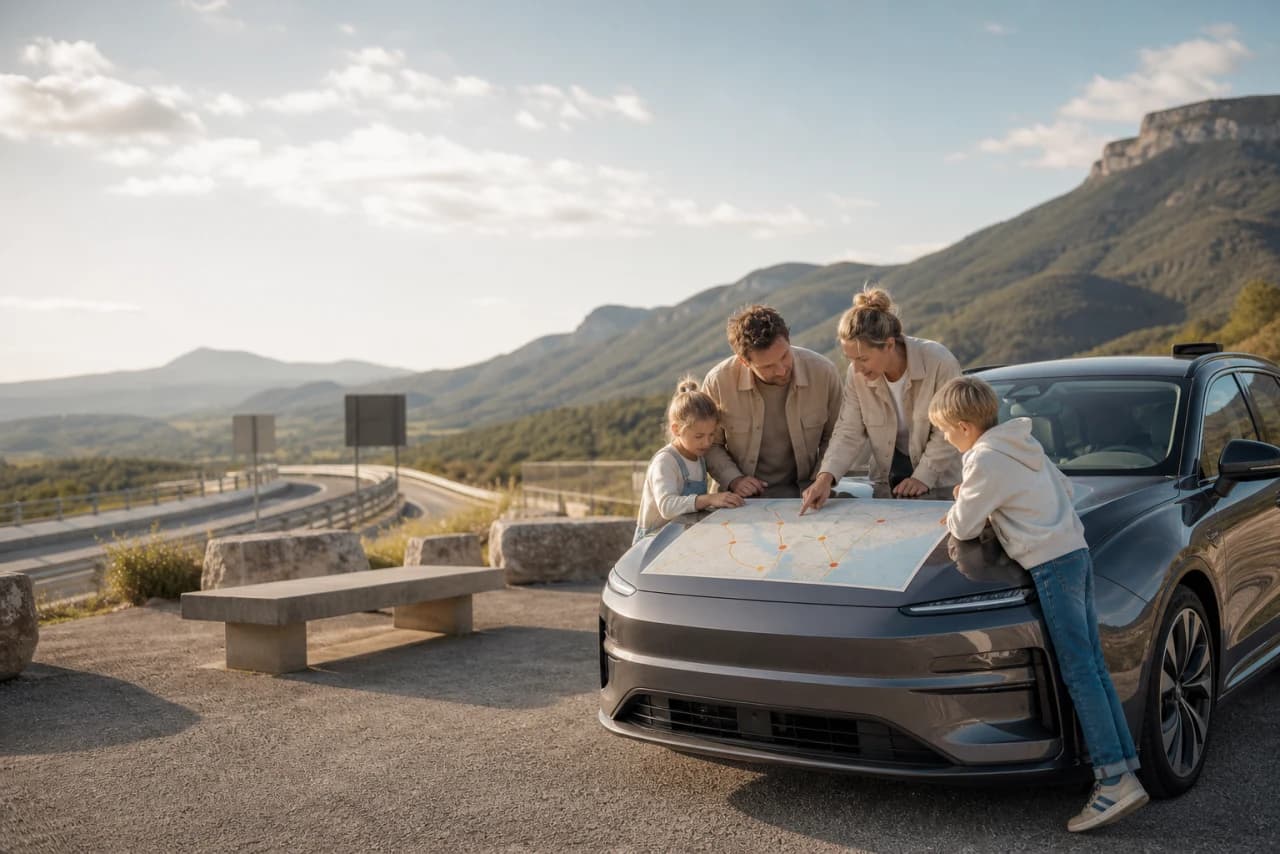 Dansk familie i elbil på europæisk motorvej med planlagte ladestop og backup på rutekort