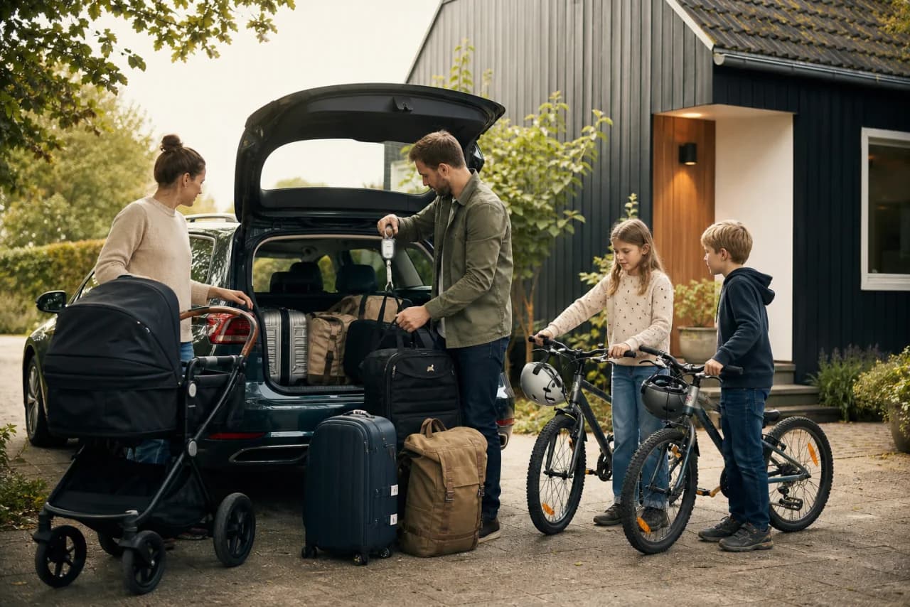 Familiebil pakkes sikkert til ferie mens personer, bagage, tagboks og nyttelast regnes sammen