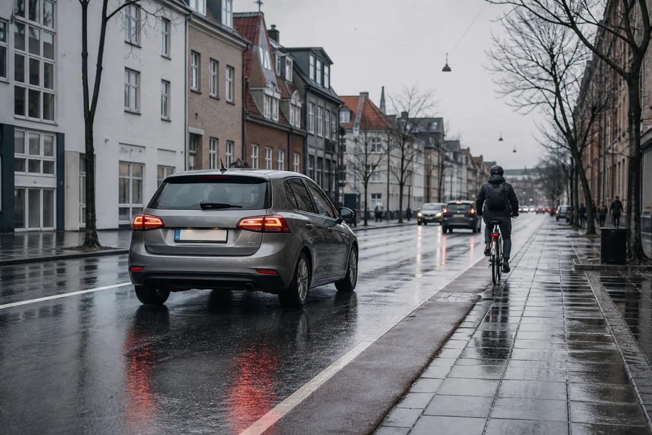 Familiebil kører roligt på en våd ryddet bygade i en mild dansk vinter med cykelsti og nordiske byhuse