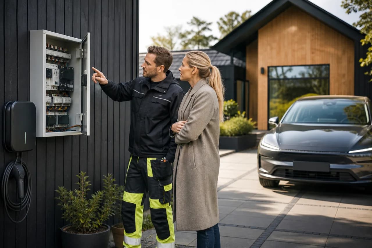 Autoriseret elinstallatør gennemgår eltavle, kabelvej og ladeboks ved en dansk bolig med elbil