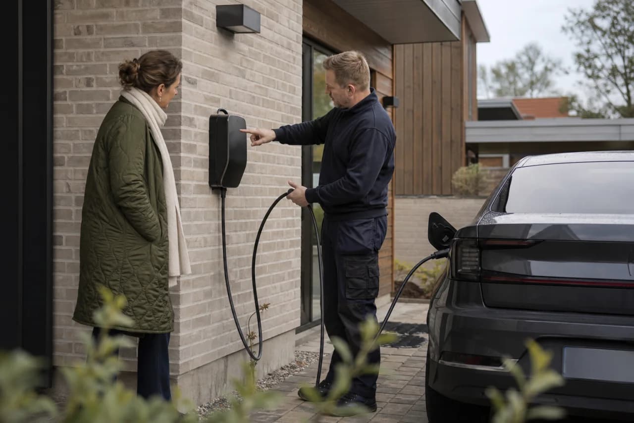 Boligejer og elektriker gennemgår placeringen af en ladeboks ved en elbil