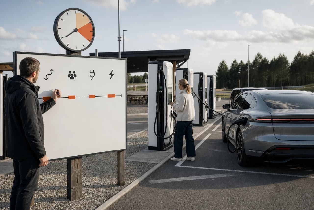 Rejsende måler omvej, kø og aktiv ladetid ved et større hurtigladeområde langs motorvejen
