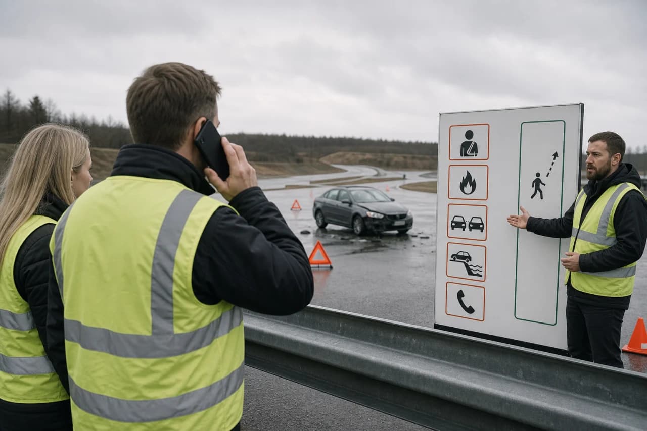 Fører ringer 112 fra sikker position mens havariblink markerer biler efter et trafikuheld