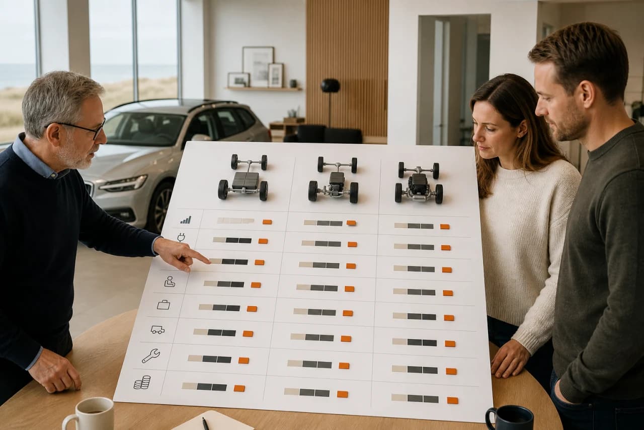 Beslutningsmatrix sammenligner elbil og hybrid på forbrug, opladning, batteri, plads og trækvægt
