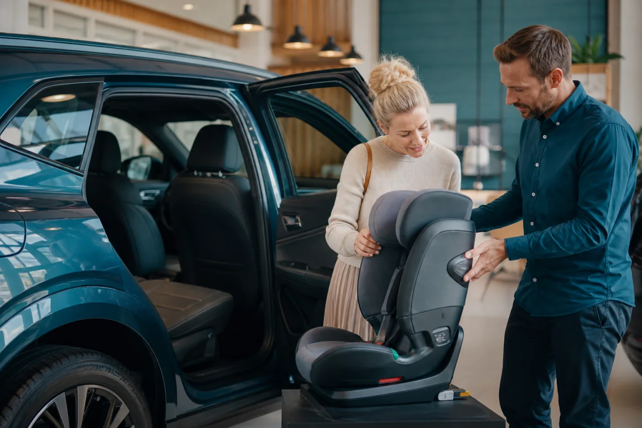 Forælder monterer en bagudvendt ISOFIX-barnestol korrekt på bagsædet i en familiebil