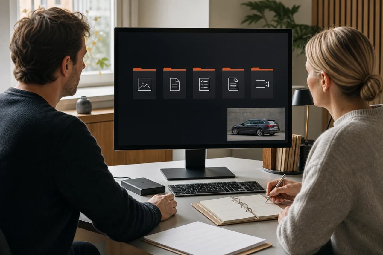Daterede bilfotos, registreringsattest, udstyrsliste og handelsbetingelser samles i et digitalt bevisrum