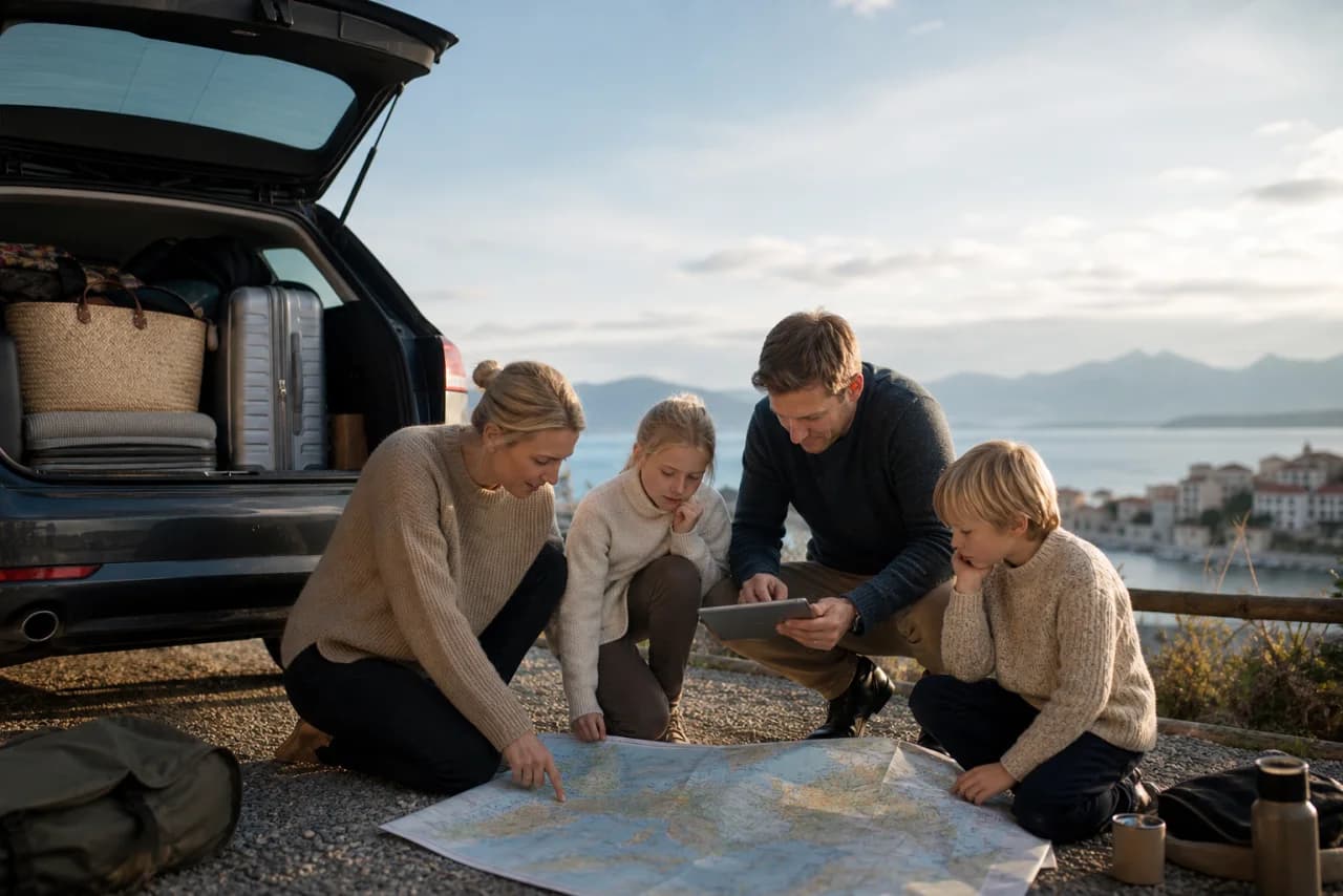 En dansk familie gør bilen klar til kør selv-ferie med rute, bagage og sikkerhedsudstyr