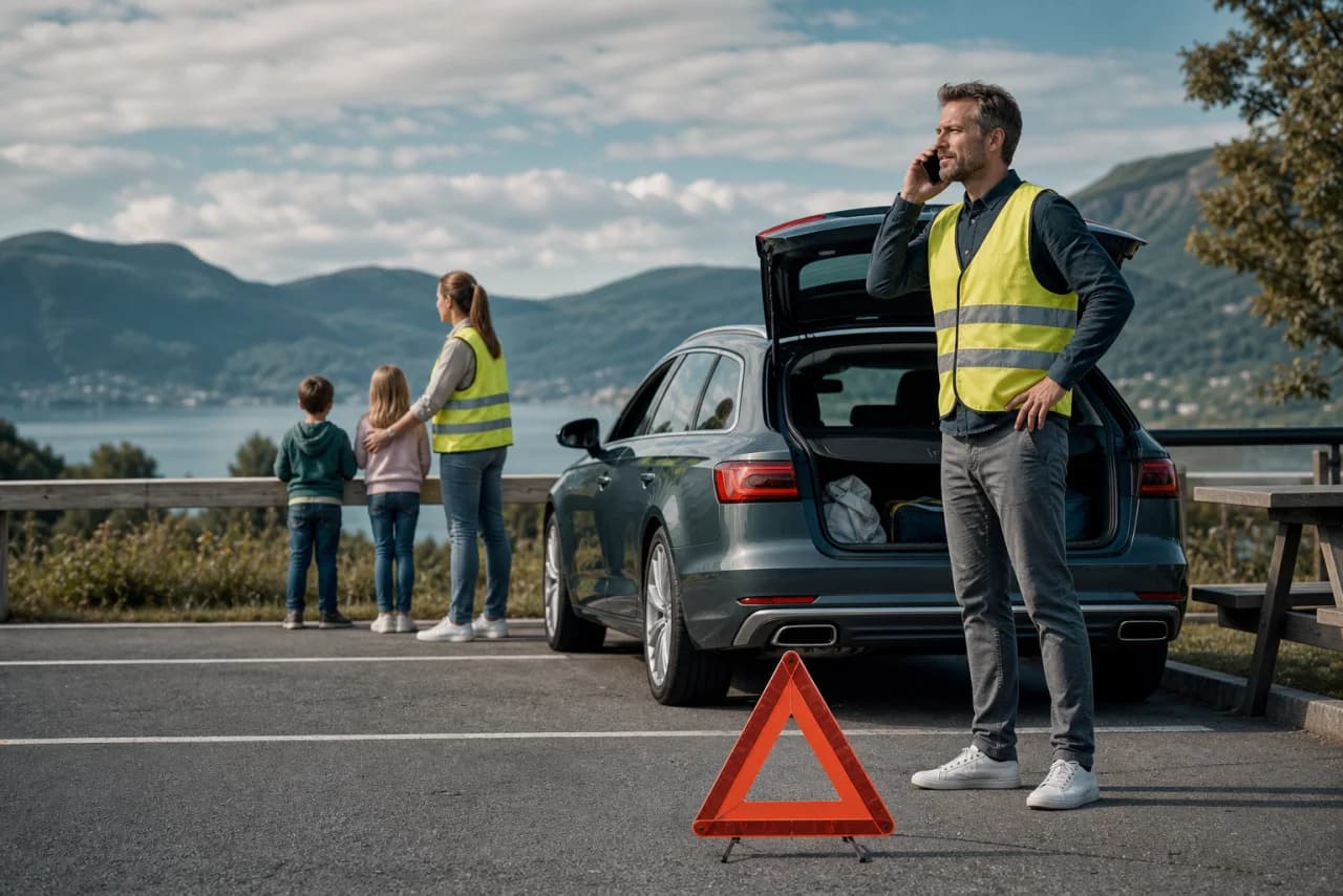 Refleksveste, vejhjælpsoplysninger, offline dokumenter og opladet powerbank ligger tilgængeligt i bilen
