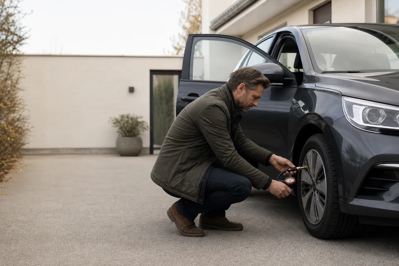 Bilist måler koldt dæktryk ved fordækket med bilens officielle trykmærkat som reference