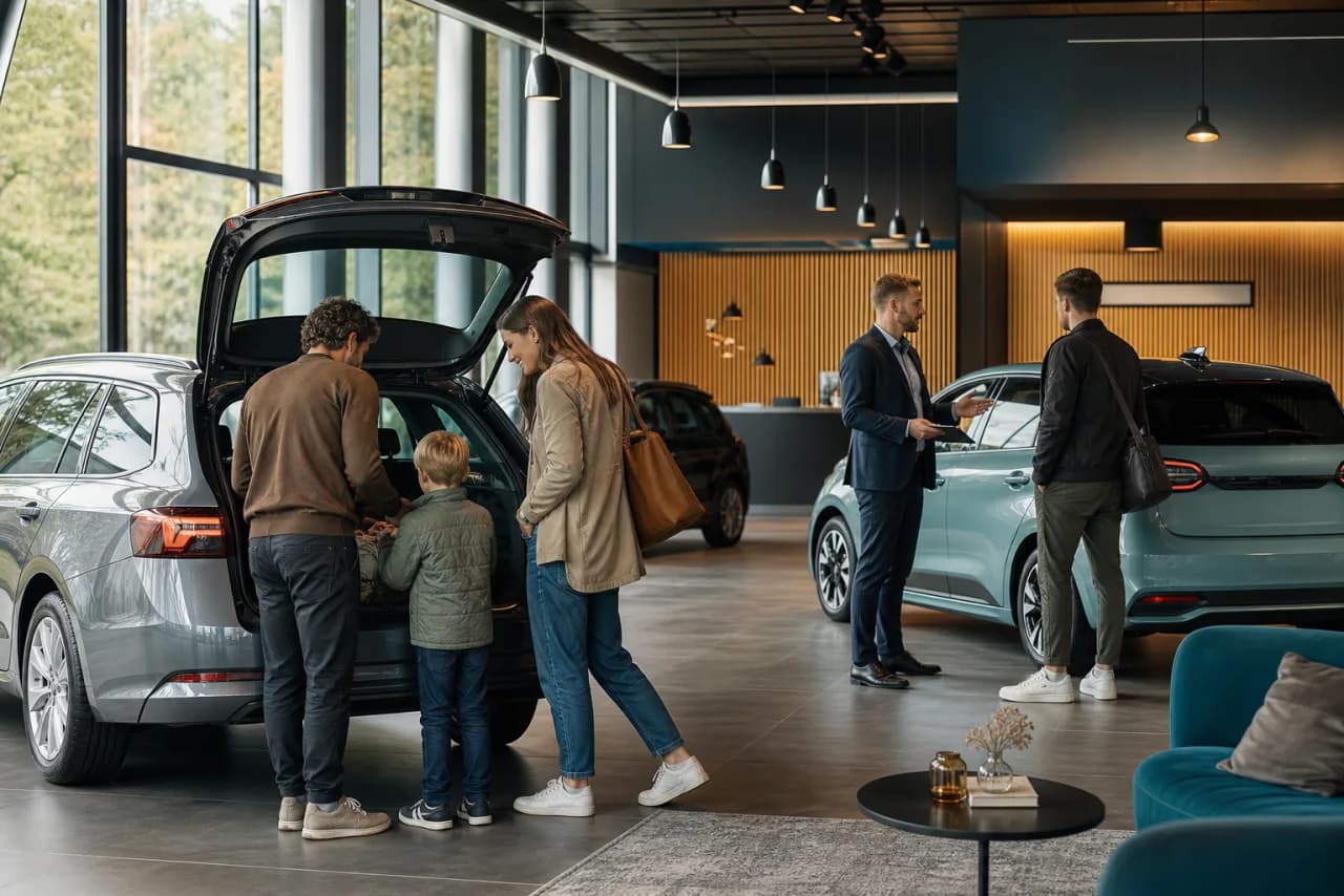 Et par vurderer fleksibilitet, kilometer og familiebehov ved siden af deres mulige næste bil