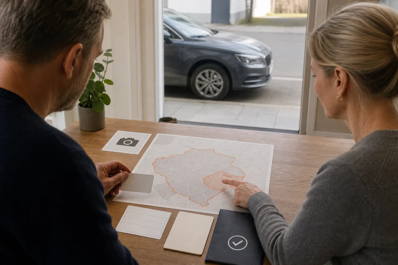 Dansk nummerplade slås op på den officielle miljøzoneportal sammen med et aktuelt zonekort