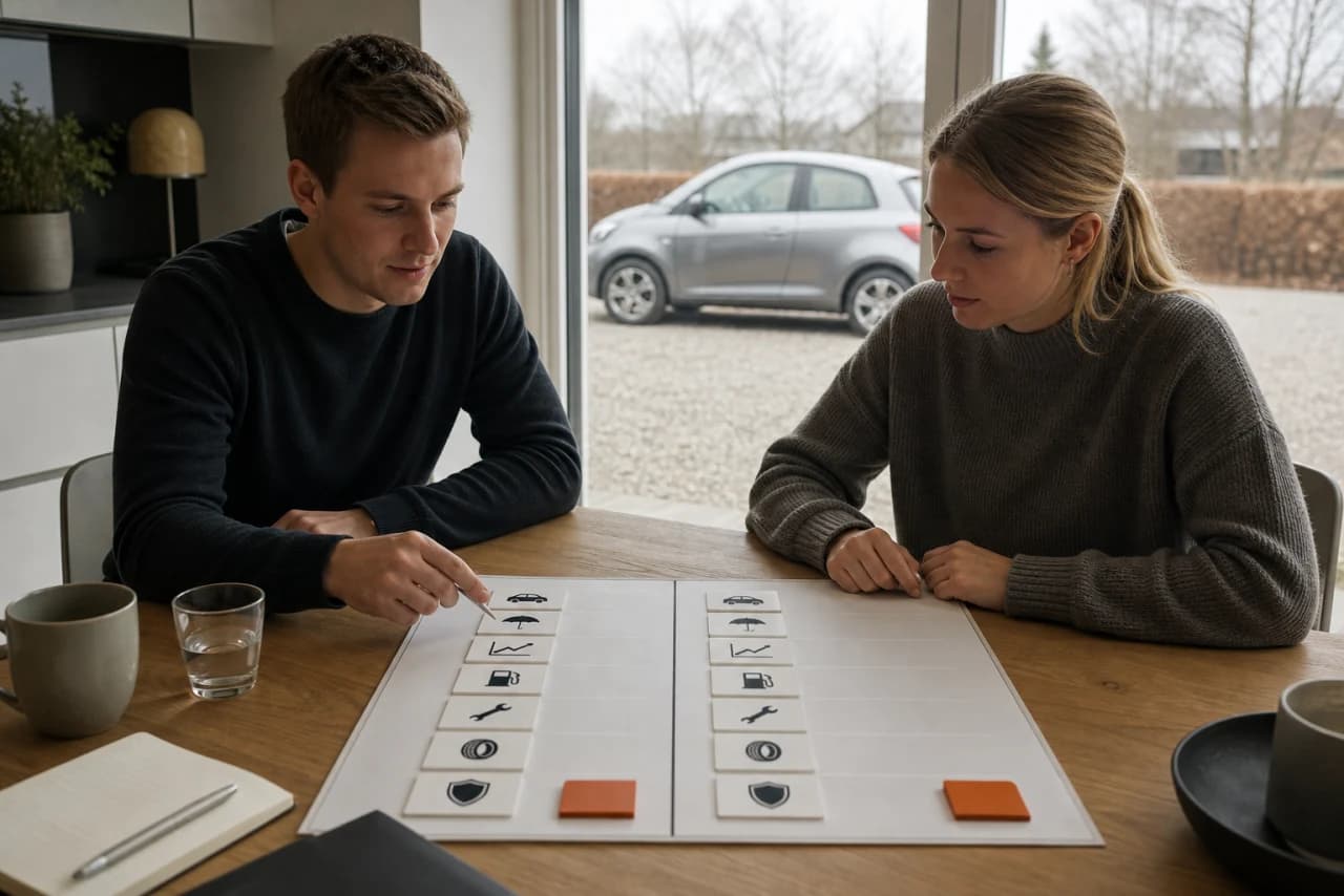 Førstegangskøbers bilbudget viser ydelse, forsikring, værditab, service, dæk og reparationsreserve