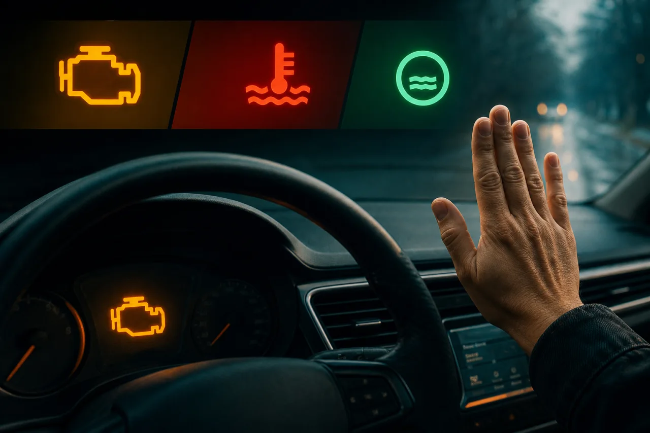 Instrumenthus viser gul motorlampe sammen med kilometertal mens hændelsens forhold noteres efter sikkert stop