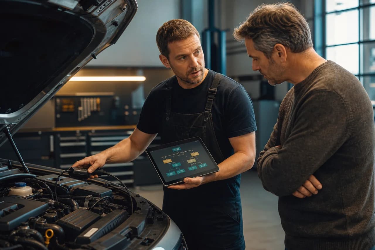 Mekaniker gennemgår fejlkoder, frysedata og målinger med bilejeren før en motorreparation godkendes