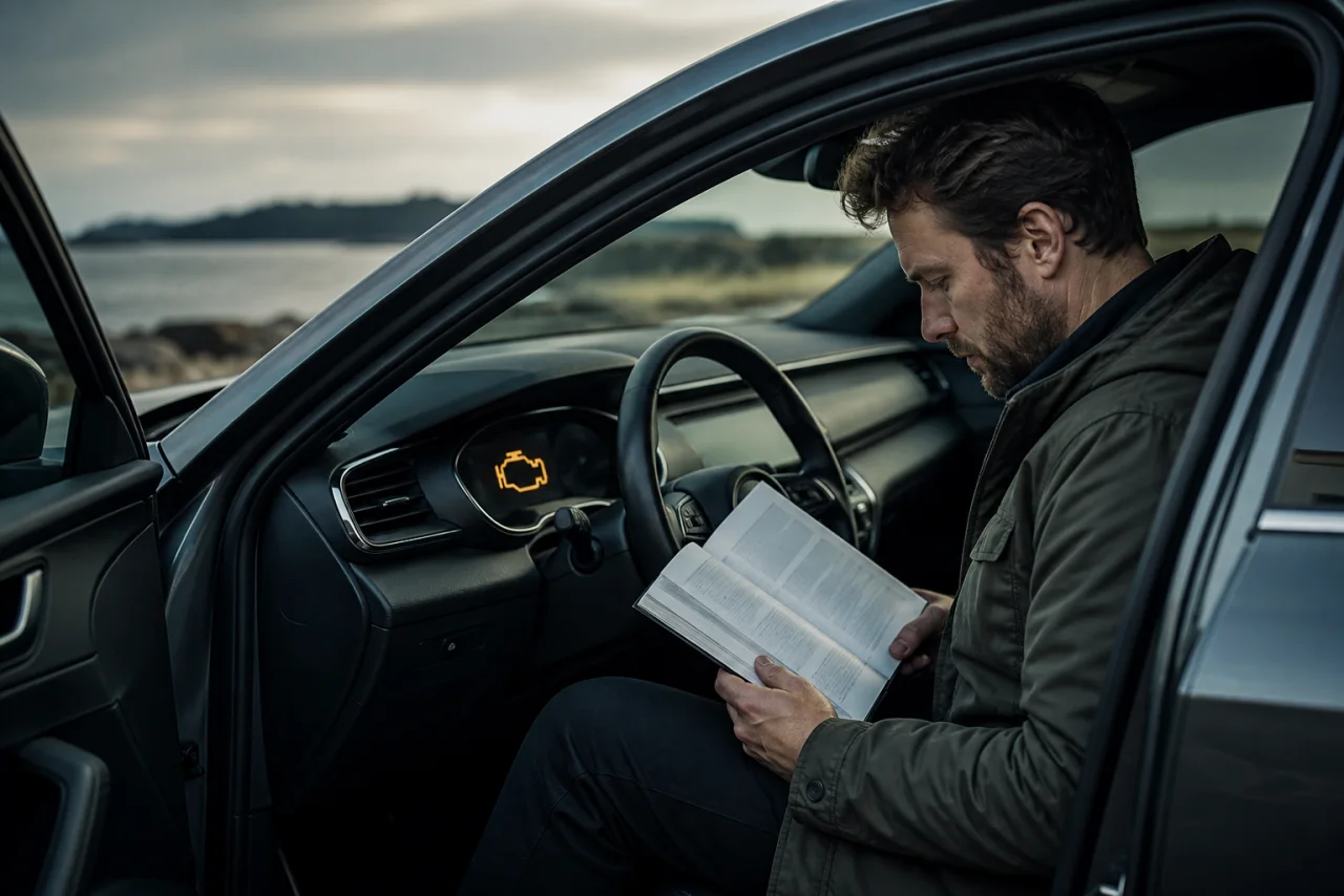 Bilist har parkeret sikkert og kontrollerer en gul motorlampe i instrumenthuset med instruktionsbogen
