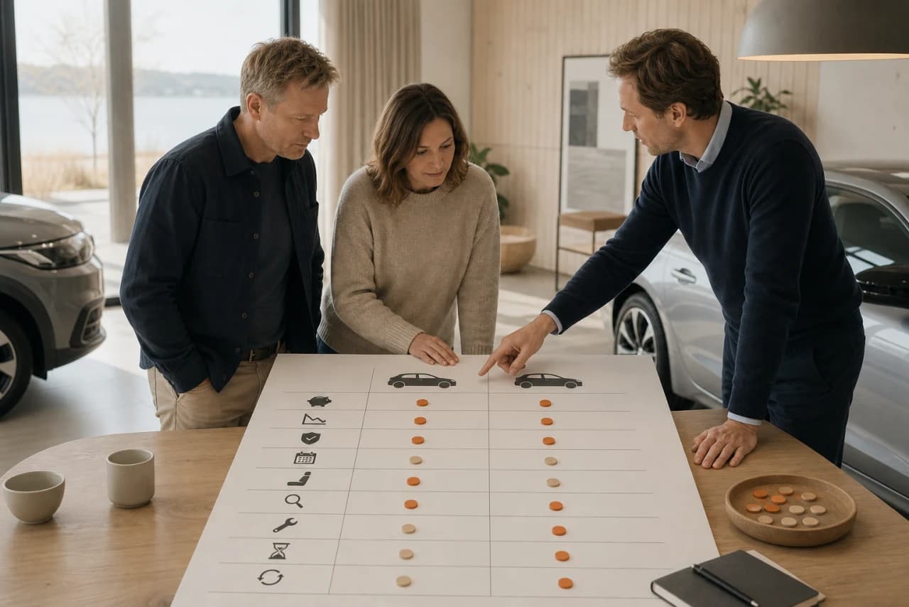 Beslutningsmatrix sammenligner ny og brugt bil på levering, garanti, historik, tidlig salgsværdi og mobilitet