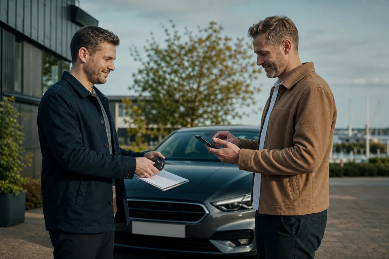 Køber og sælger gemmer den officielle kvittering efter et afsluttet digitalt ejerskifte ved bilen