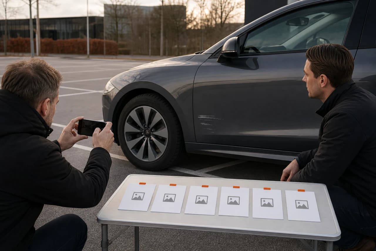 Telefonkamera fotograferer parkeringsplads, hele bilen, ridse og overført lak i samme serie