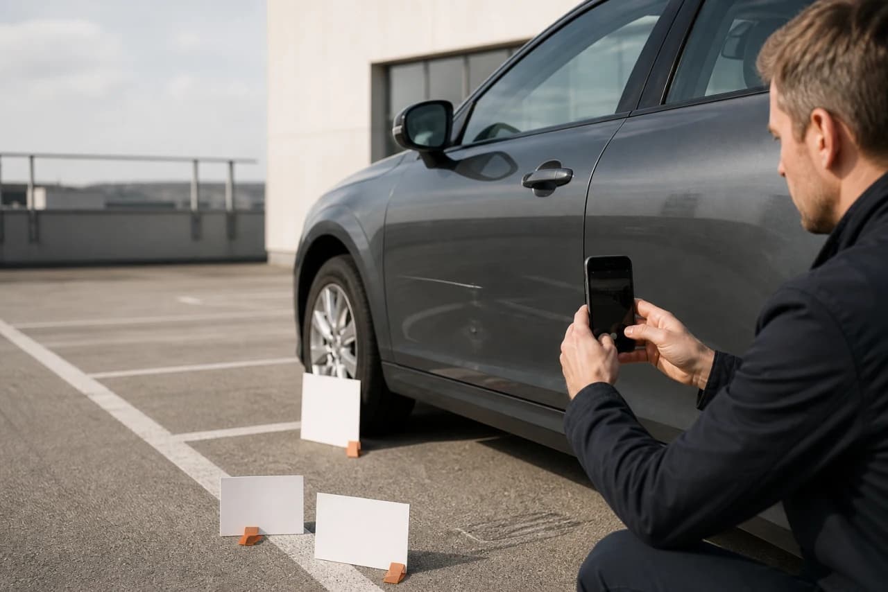Bilejer dokumenterer en bule og ridse på parkeret bil med oversigts- og detaljebilleder