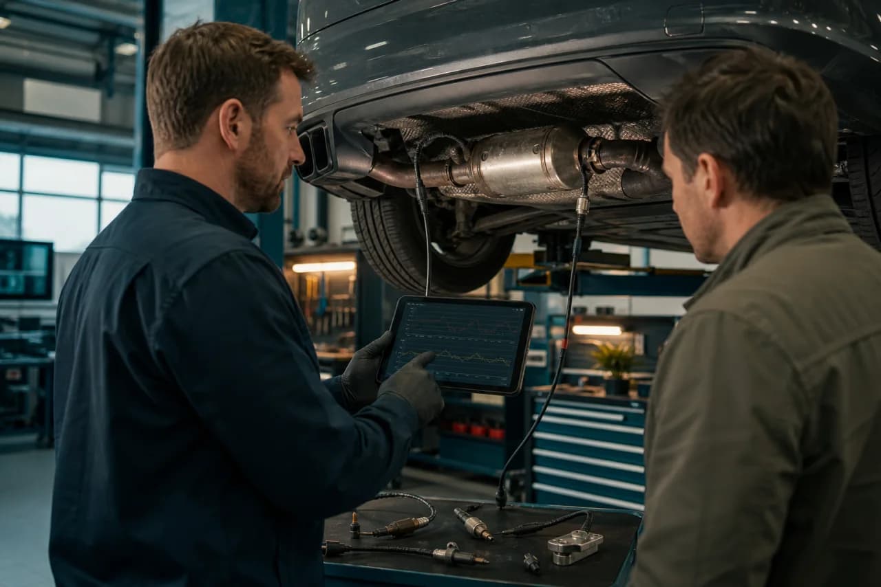 Tekniker vurderer differenstryk, temperatur, regenerering og AdBlue-fejl med live-data ved dieselbilen