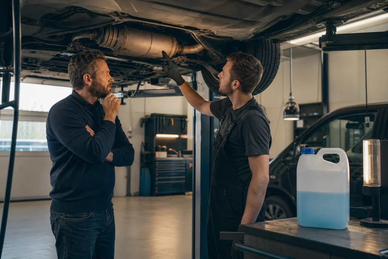 Dieselbil bliver diagnosticeret for partikelfilter og AdBlue-system på et professionelt værksted