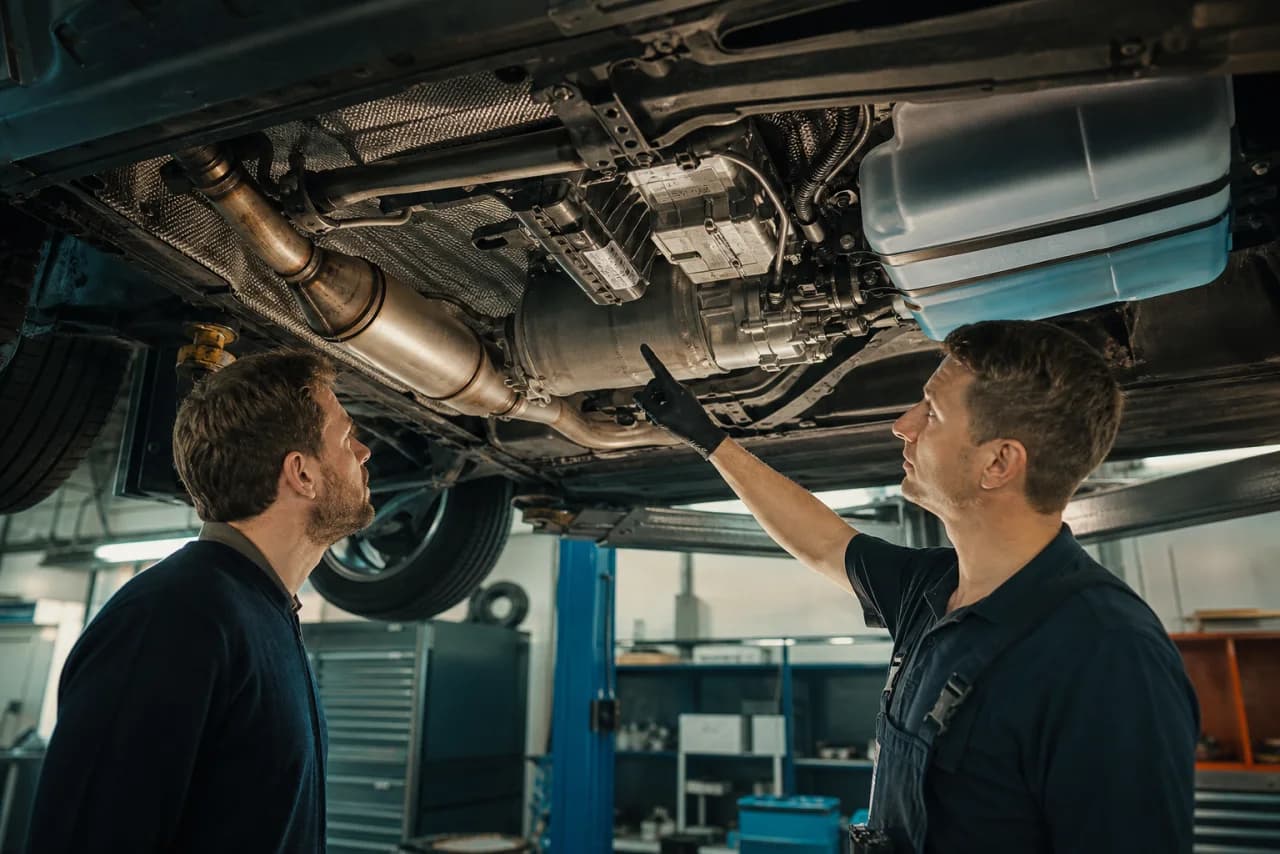 En enkel værkstedsillustration viser dieselpartikelfilter og separat AdBlue SCR-system under bilen