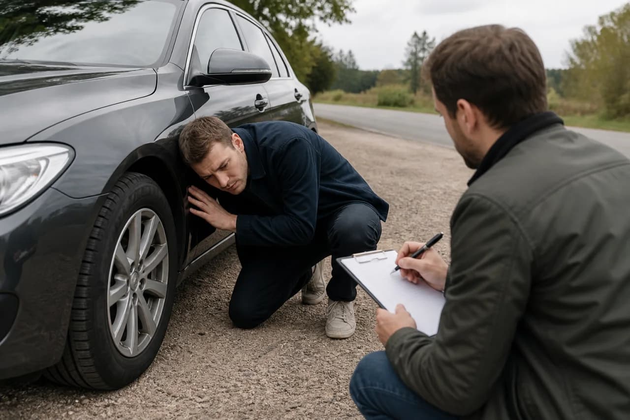 To bilkøbere foretager en sikker efterkontrol ved den parkerede brugte bil efter prøvekørslen