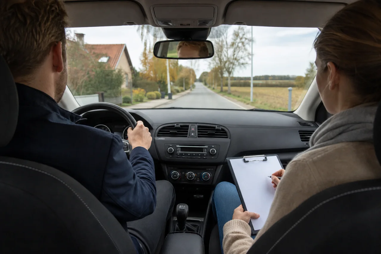 Fører og passager prøvekører en brugt bil på en rolig dansk vej med en synlig kontroltjekliste