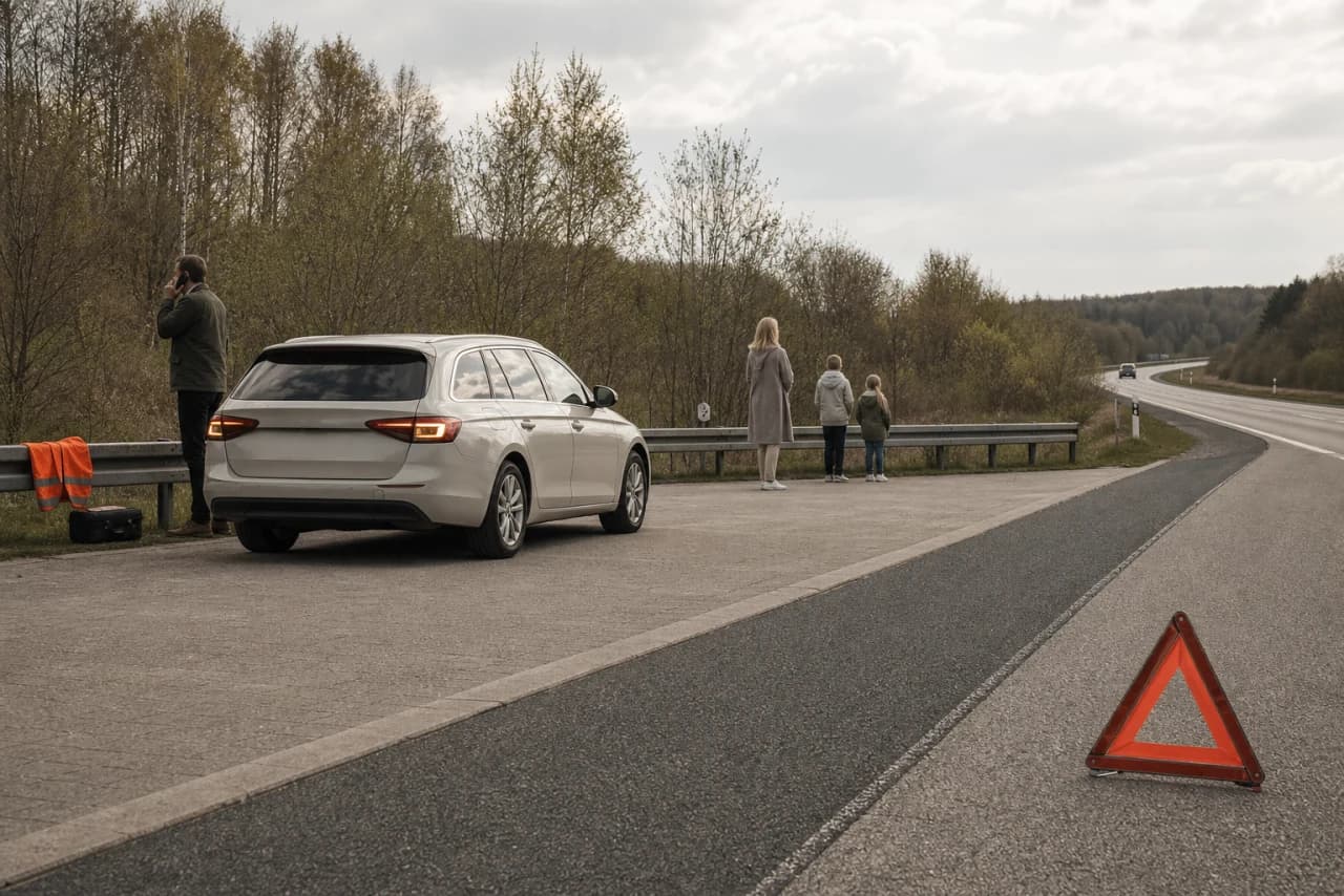 Refleksveste, havariblink og advarselstrekant bruges ved sikkert parkeret bil langt fra aktiv trafik