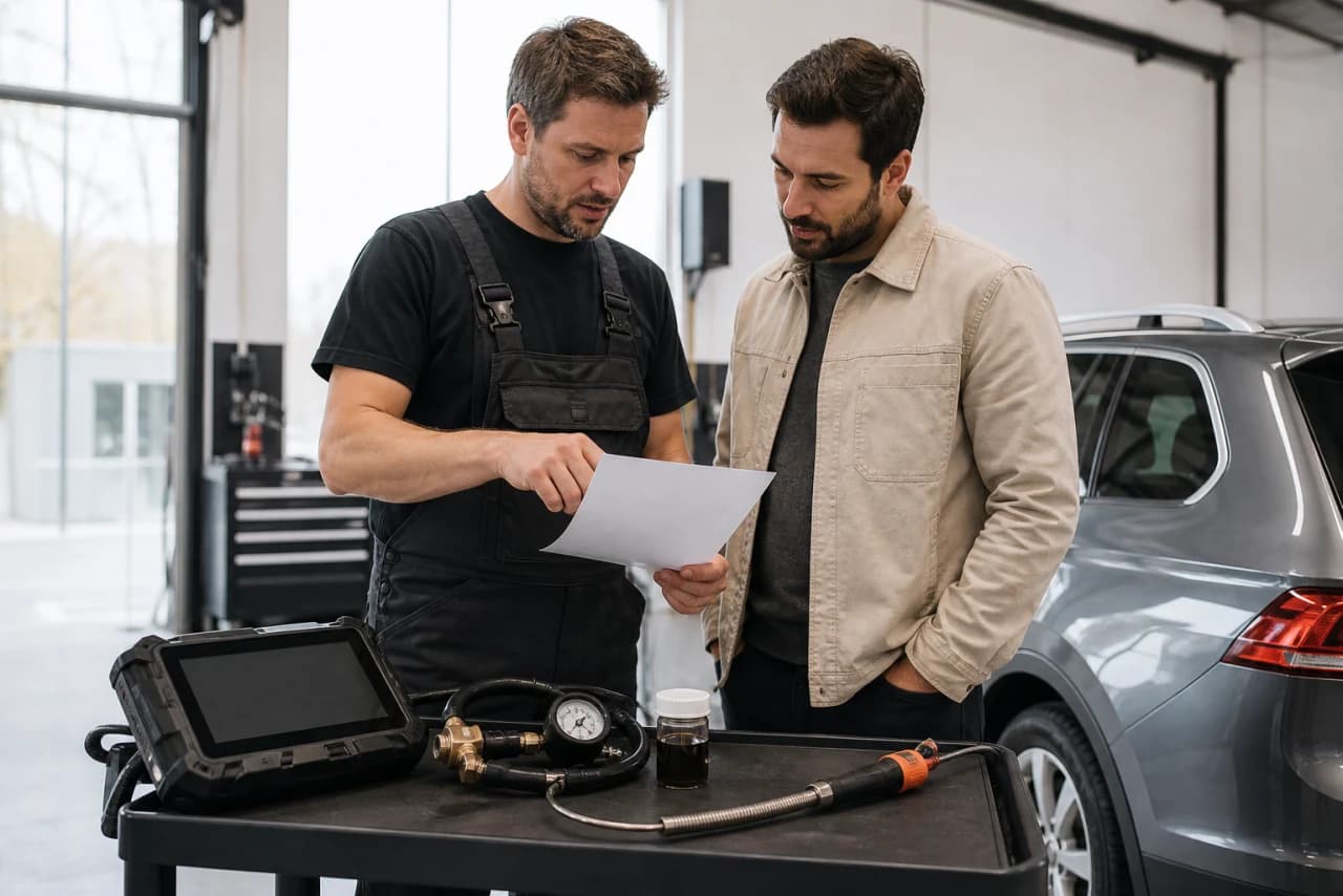 Autotekniker forklarer målinger fra motor, kølesystem og udstødning ved siden af diagnoserapport