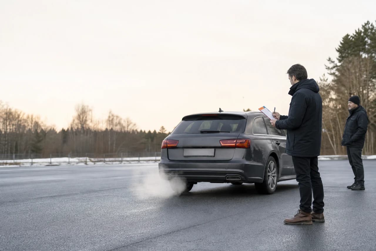 Bilist observerer udstødningsrøg på afstand i fri luft og noterer motortemperatur og varighed
