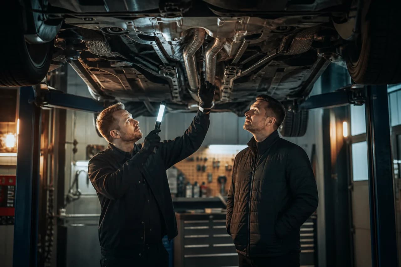 Bilens undervogn og hulrum bliver inspiceret systematisk på lift før en rustbeskyttende behandling