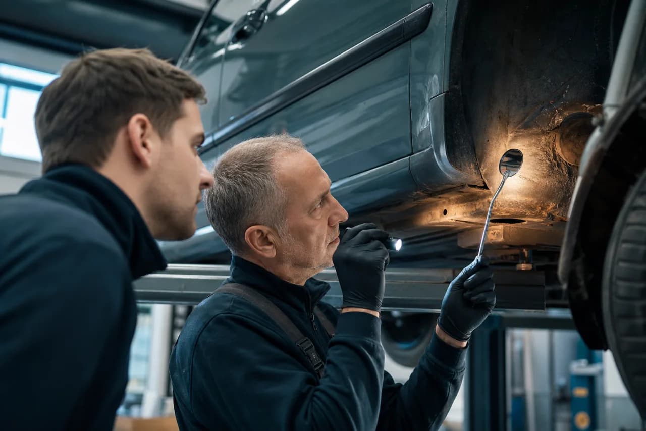 Fagperson fotograferer samlinger, hjulkasser, vanger og dræn på bilens underside før rustbehandling