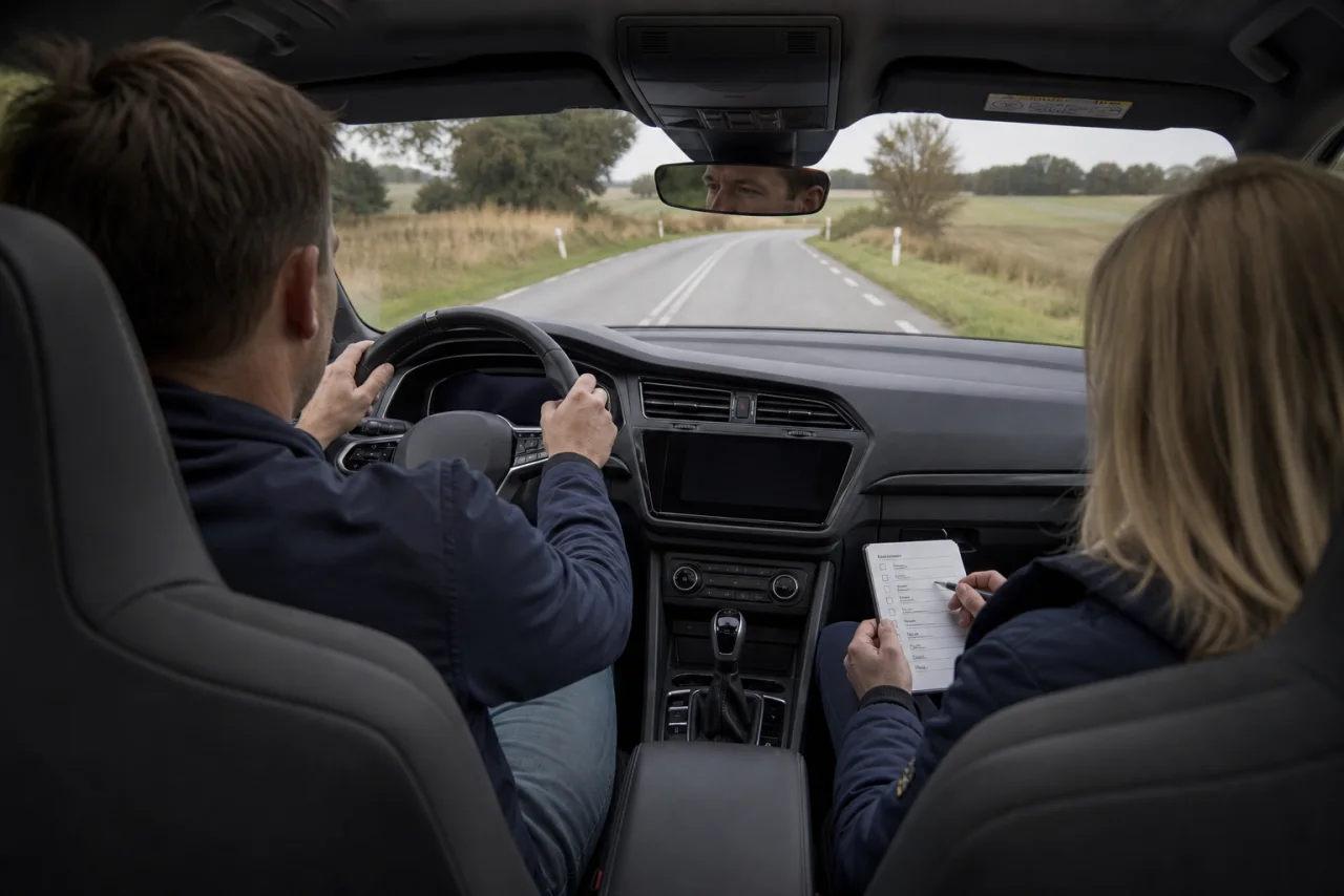 Fører og passager gennemfører en systematisk prøvekørsel på en dansk landevej