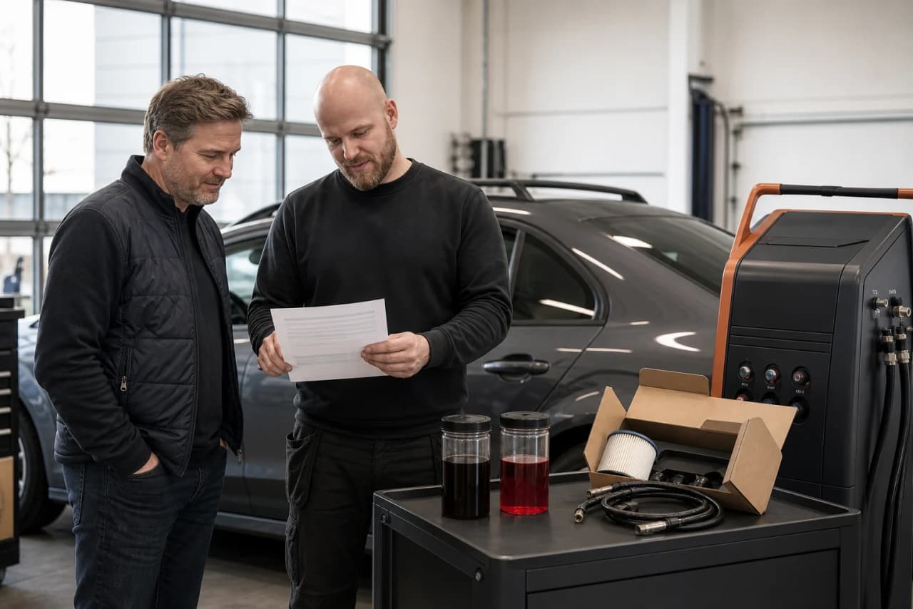 Bilejer gennemgår faktura med gearolie, mængder, filter, temperatur og softwaretrin efter service