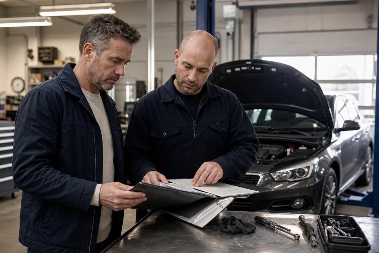 Bilejer og mekaniker gennemgår en mappe med servicehistorik ved bilen