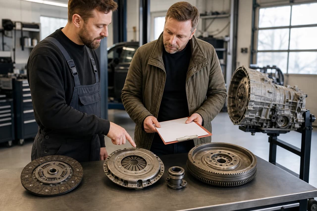 Koblingsdele og værkstedsfaktura gennemgås med markering af svinghjul, hydraulik og målinger